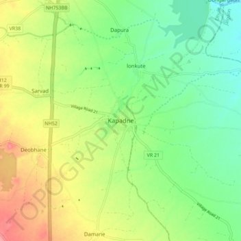 Topografische Karte Kapadne, Höhe, Relief