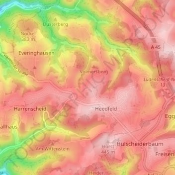 Topografische Karte Hülscheid, Höhe, Relief