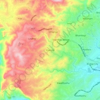 Topografische Karte Inanda, Höhe, Relief