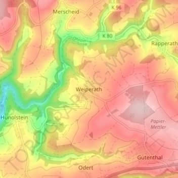 Topografische Karte Weiperath, Höhe, Relief