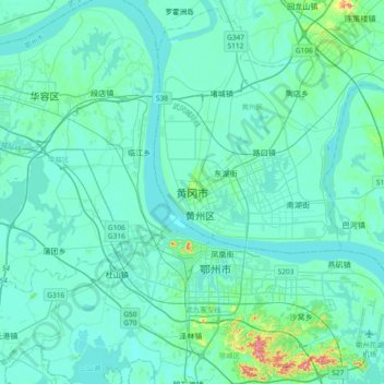 Topografische Karte Huanggang, Höhe, Relief