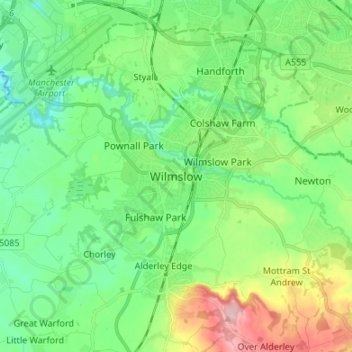 Topografische Karte Wilmslow, Höhe, Relief