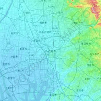 Topografische Karte Nagoya, Höhe, Relief