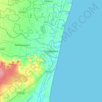 Topografische Karte Cuddalore, Höhe, Relief