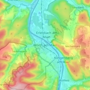 Topografische Karte Wörth am Main, Höhe, Relief