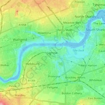 Topografische Karte Jarrow, Höhe, Relief