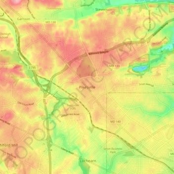 Topografische Karte Pikesville, Höhe, Relief