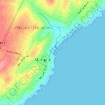 Topografische Karte Margate Beach, Höhe, Relief
