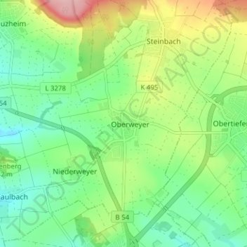 Topografische Karte Oberweyer, Höhe, Relief