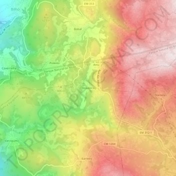 Topografische Karte Açureira, Höhe, Relief