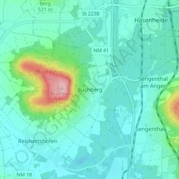 Topografische Karte Buchberg, Höhe, Relief
