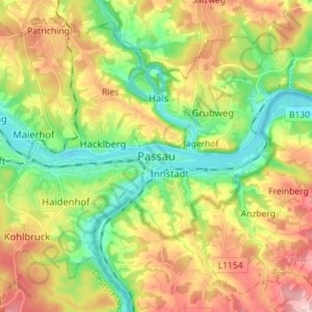 Topografische Karte Passau, Höhe, Relief