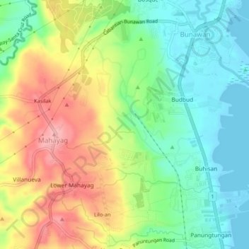 Topografische Karte Bunawan District, Höhe, Relief