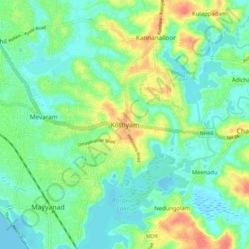 Topografische Karte Kottiyam, Höhe, Relief