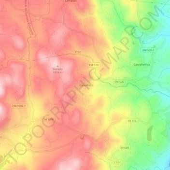 Topografische Karte Carvalho, Höhe, Relief
