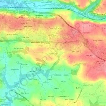 Topografische Karte Kerdroniou, Höhe, Relief
