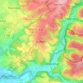 Topografische Karte Glöbusch, Höhe, Relief