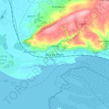 Topografische Karte Burry Port, Höhe, Relief