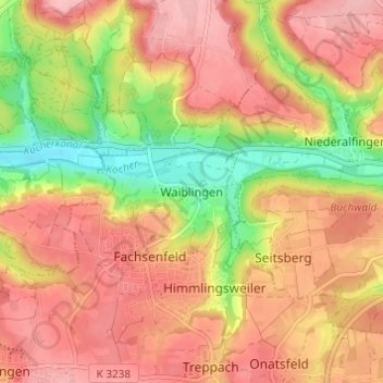 Topografische Karte Waiblingen, Höhe, Relief