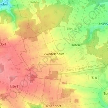Topografische Karte Zweifelsheim, Höhe, Relief