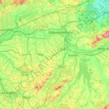 Topografische Karte Ferraz de Vasconcelos, Höhe, Relief
