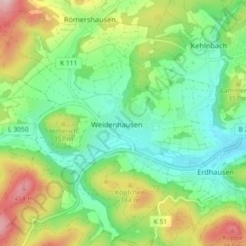 Topografische Karte Weidenhausen, Höhe, Relief