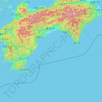 Topografische Karte Präfektur Kōchi, Höhe, Relief