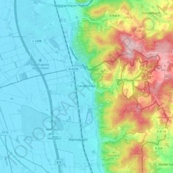 Topografische Karte Laudenbach, Höhe, Relief
