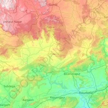 Topografische Karte Simdega, Höhe, Relief