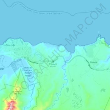 Topografische Karte Kalihiwai, Höhe, Relief