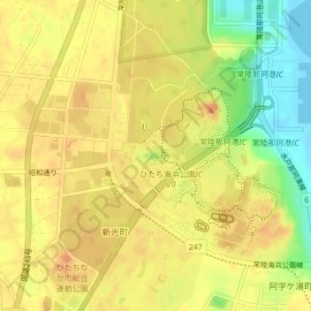 Topografische Karte Hitachi Seaside Park, Höhe, Relief