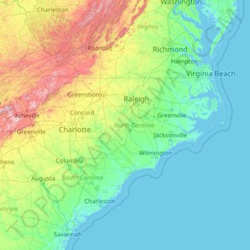 Topografische Karte Carolina del Norte, Höhe, Relief