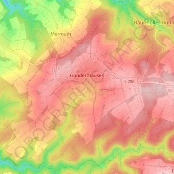 Topografische Karte Gondershausen, Höhe, Relief
