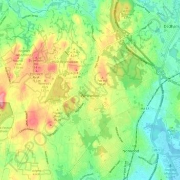 Topografische Karte Westwood, Höhe, Relief