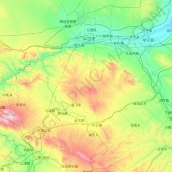 Topografische Karte 沙坡头区, Höhe, Relief