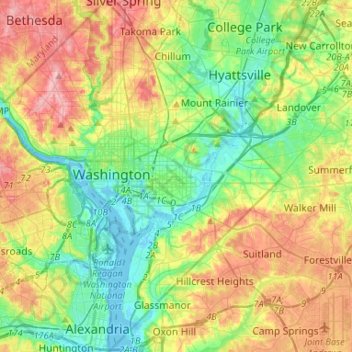 Topografische Karte Washington D. C., Höhe, Relief