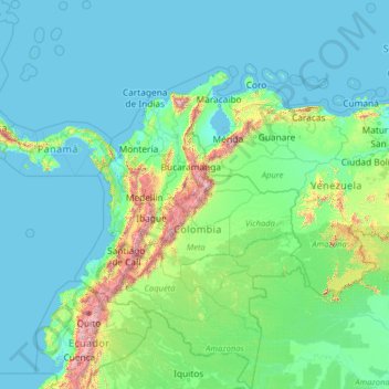 Topografische Karte Kolumbien, Höhe, Relief
