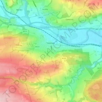 Topografische Karte Hexham, Höhe, Relief