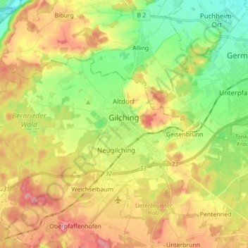 Topografische Karte Gilching, Höhe, Relief