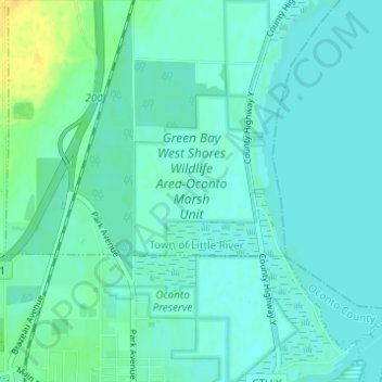 Topografische Karte Green Bay West Shores Wildlife Area-Oconto Marsh Unit, Höhe, Relief