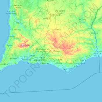 Topografische Karte Algarve, Höhe, Relief
