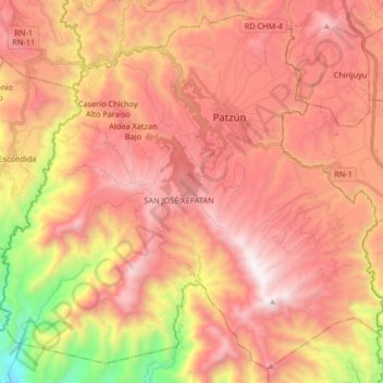 Topografische Karte Patzún, Höhe, Relief