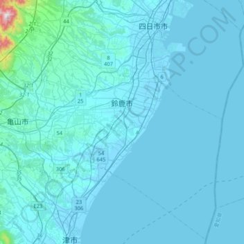 Topografische Karte 鈴鹿市, Höhe, Relief