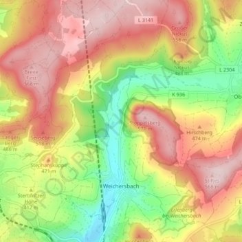 Topografische Karte Weichersbach, Höhe, Relief