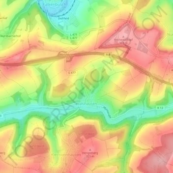 Topografische Karte Walshausen, Höhe, Relief