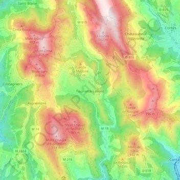 Topografische Karte Tourrette-Levens, Höhe, Relief