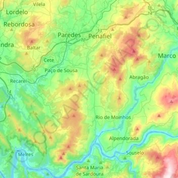 Topografische Karte Penafiel, Höhe, Relief