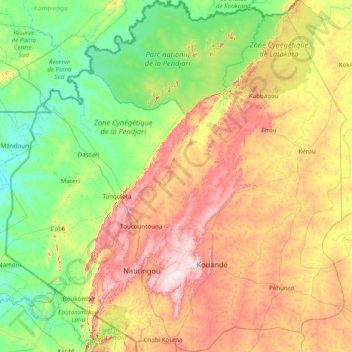 Topografische Karte Atakora, Höhe, Relief