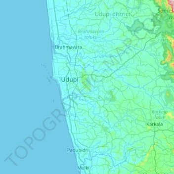 Topografische Karte Udupi taluku, Höhe, Relief