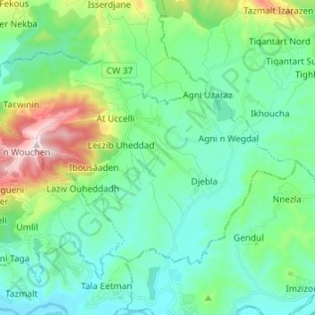 Topografische Karte Ouaguenoun, Höhe, Relief